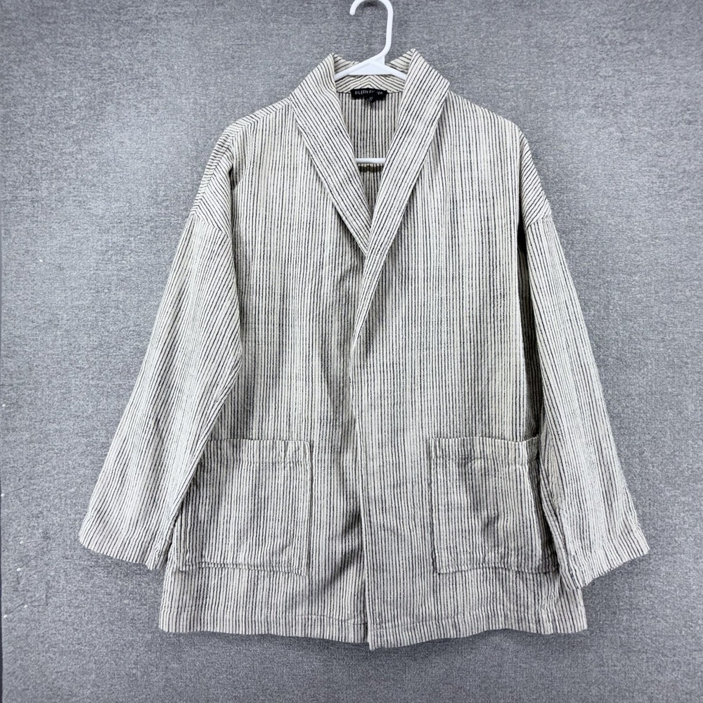 Eileen Fisher Blazer Jacket Women Size XXS Beige Black Striped Casual Cotton